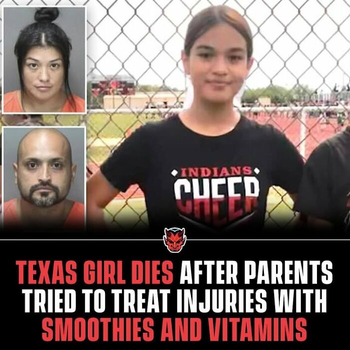 Texas girl with cheer t-shirt and mugshots of parents, related to a creepy fact about unusual injury treatment methods.