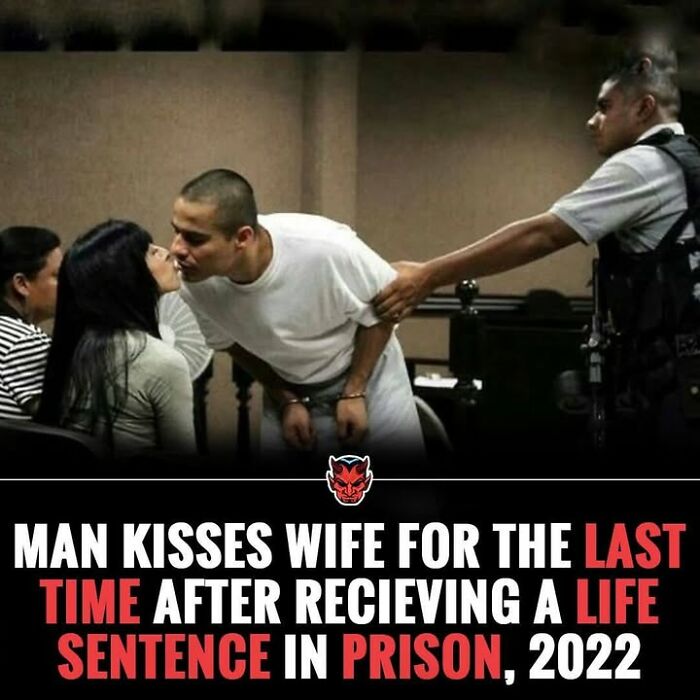 Man in handcuffs kisses wife for the last time in prison courtroom, a creepy fact from 2022 involving a life sentence.