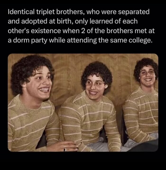 Three identical triplet brothers wearing matching striped sweaters, illustrating a creepy fact about separated siblings reuniting.
