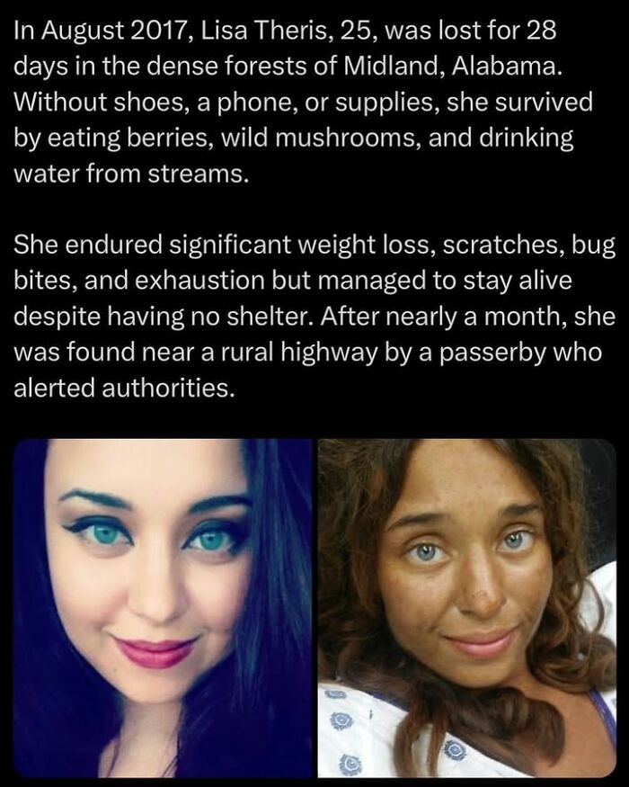 Before and after photos of a woman who survived 28 days lost in the forest, illustrating creepy survival facts.