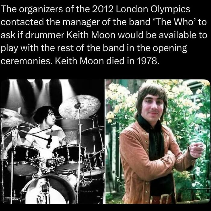 Black and white photo of drummer Keith Moon and a color portrait, illustrating creepy facts about his death and the 2012 Olympics.