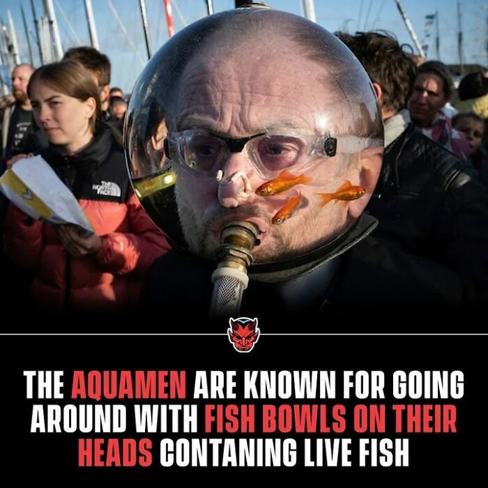 Man wearing a fish bowl helmet with live fish inside, illustrating creepy facts to deprive somebody of sleep.