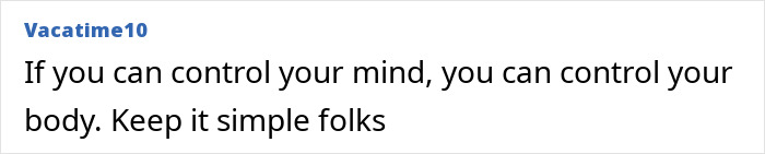 User comment by Vacatime10 emphasizing mind-body control with simple advice, related to healthier Ozempic rival discovery.