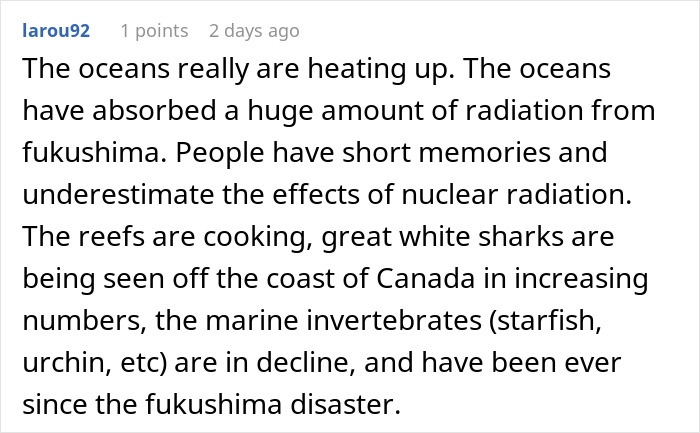 Comment about oceans heating up and radiation effects on marine life, including decline in blue whale singing.