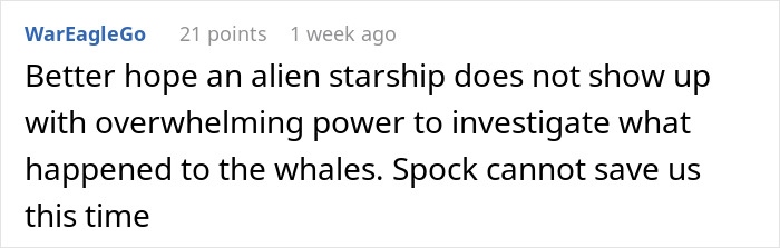 Screenshot of an online comment expressing concern about the decline in blue whale singing and investigation challenges.