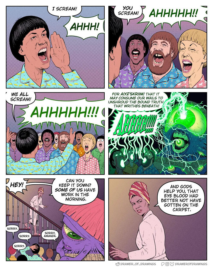 Absurd comic panels showing people screaming together and a woman scolding for noise in a humorous comic strip style.