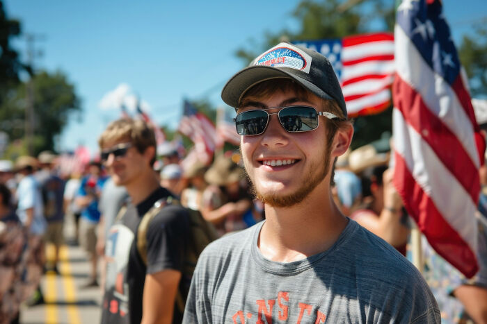 Young man wearing sunglasses and a cap at a crowded outdoor event, reflecting alpha vibe and overcompensating traits. - 7