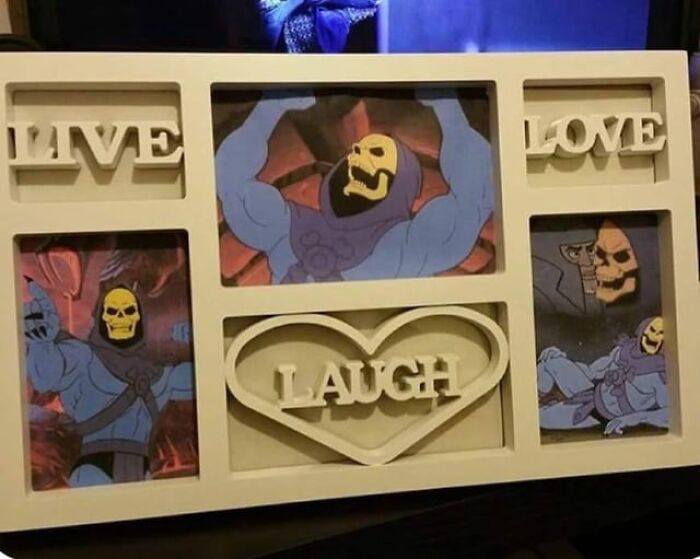 Photo frame with live love laugh text featuring cartoon character Skeletor, illustrating alpha vibe traits and personality. - 25