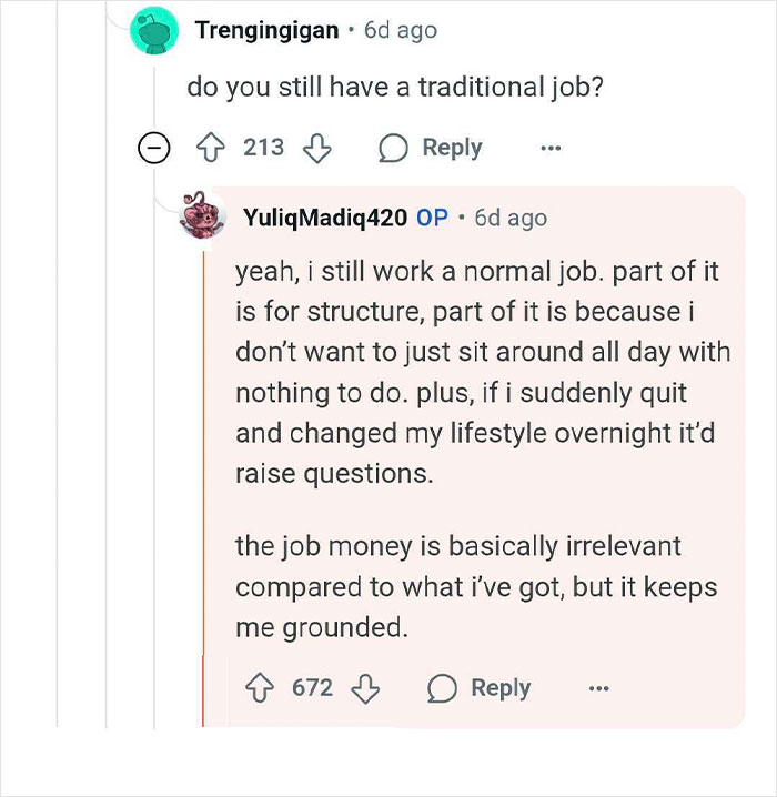 Reddit user explains continuing a traditional job despite winning $14 million to maintain structure and stay grounded.