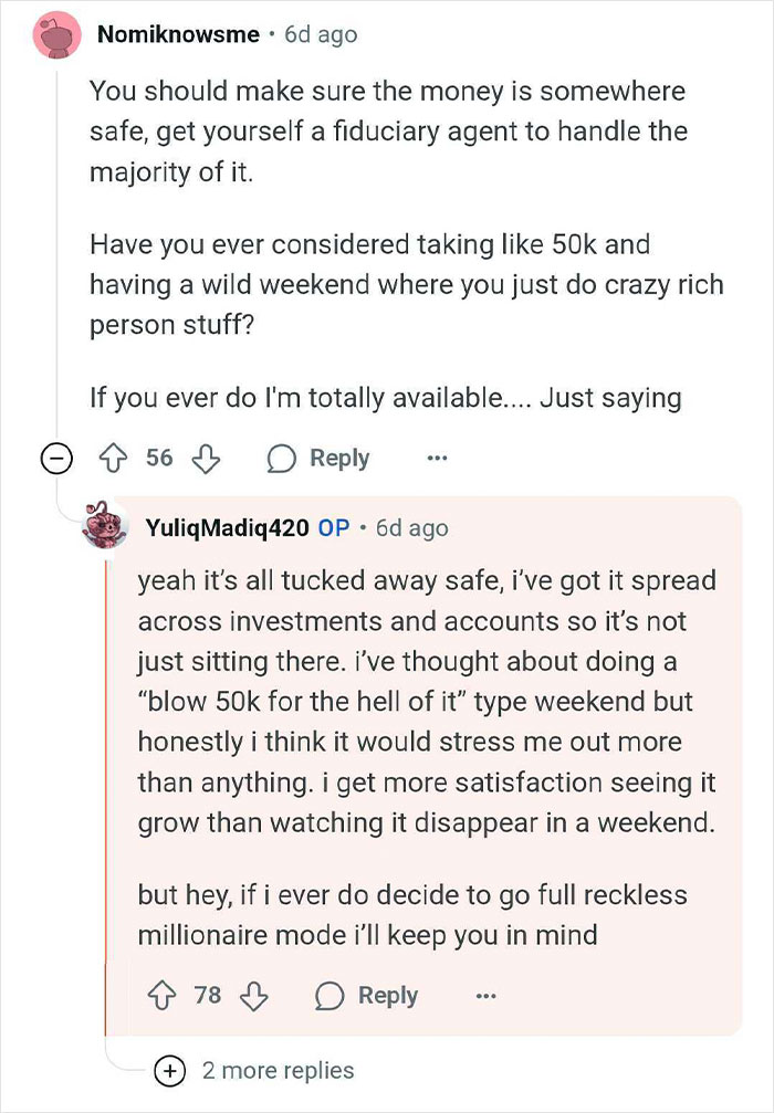 Reddit conversation showing a man who wins $14 million staying cautious and answering questions online about money.