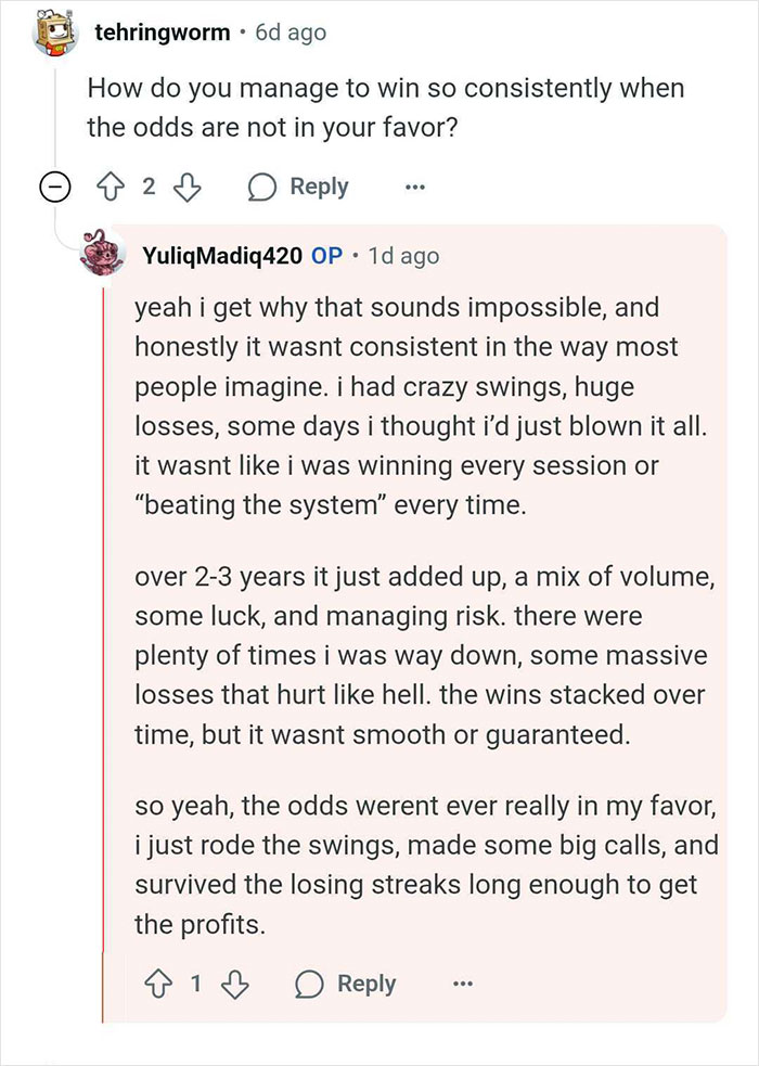 Reddit Q&A showing man who wins $14 million discussing managing risk and surviving losing streaks online.