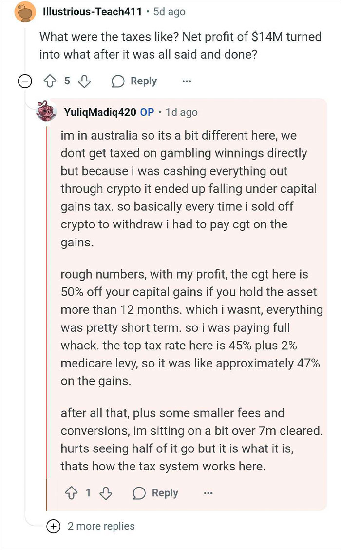 Online Q&A discussing taxes and profits after a man wins $14 million but lives like a regular guy