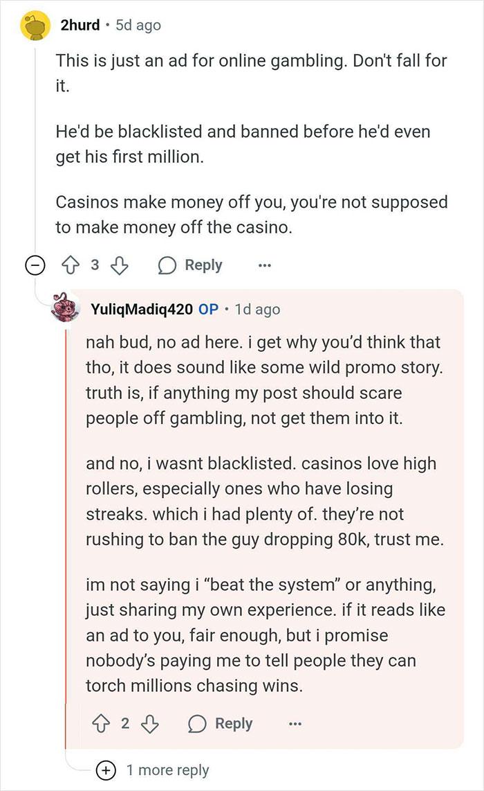 Reddit user discusses experience of a man who wins millions but lives like a regular guy, warning about gambling risks.