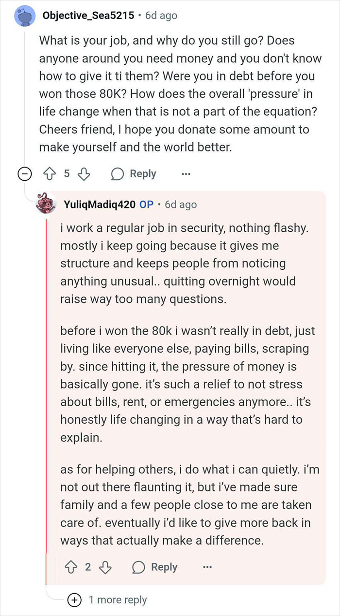 Screenshot of an online Q&A where a man who won lottery explains continuing to live like a regular guy.