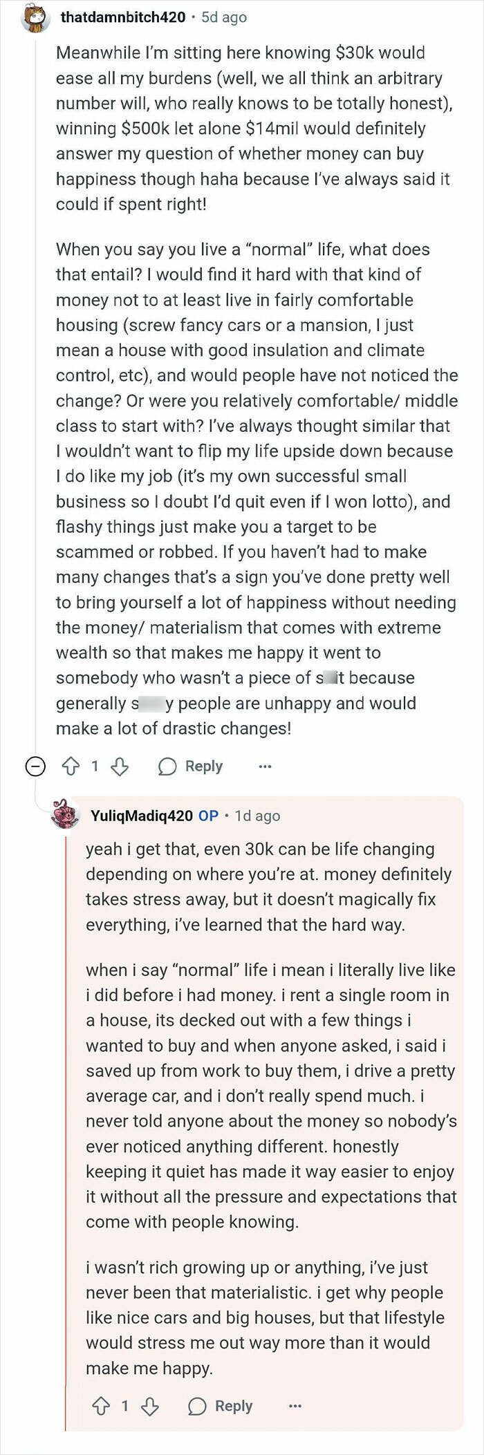 Screenshot of an online conversation about a man who wins $14 million but continues living a normal life and answering questions.