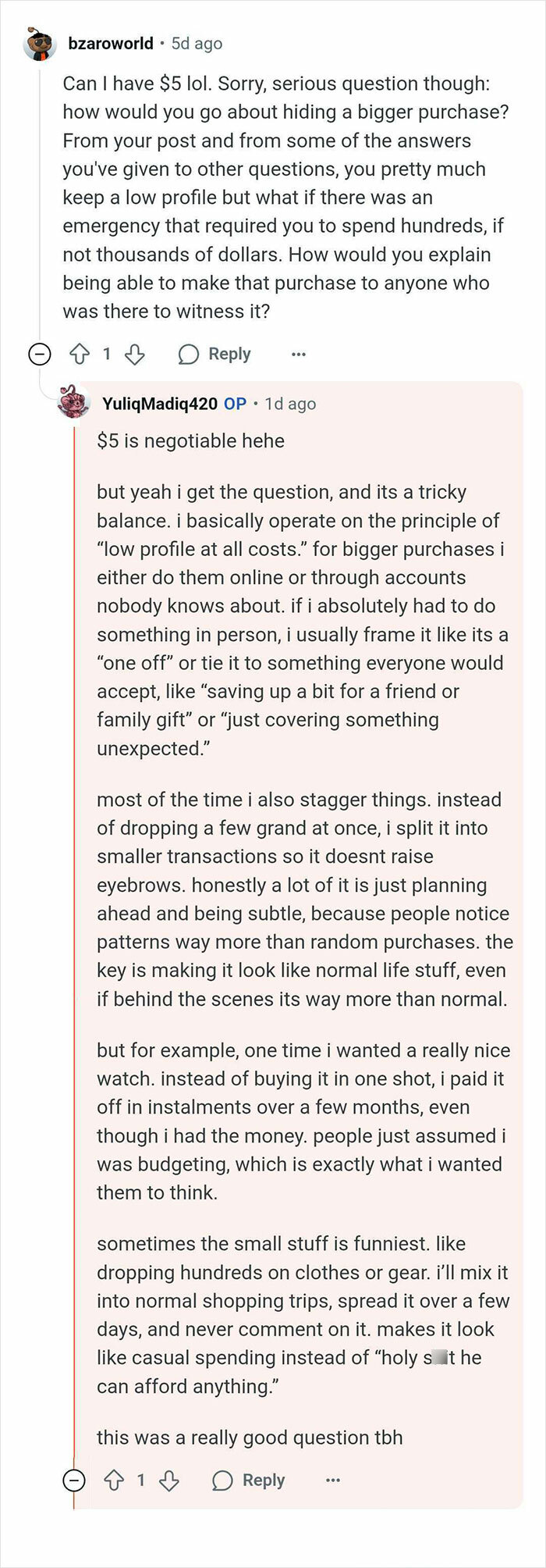 Screenshot of an online Q&A where a man who won $14 million explains living a low profile lifestyle.