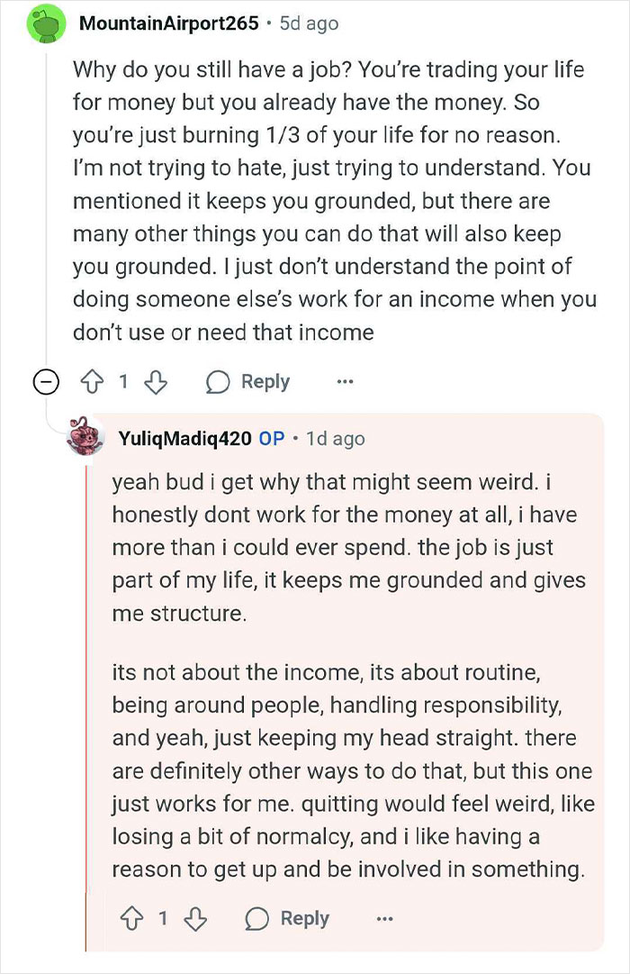 Online Q&A with man who wins $14 million but lives like a regular guy, explaining why he keeps his job for routine and grounding.