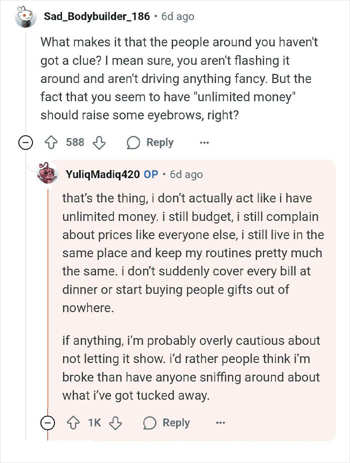 Reddit conversation showing a man with $14 million explaining why he lives like a regular guy and budgets carefully.