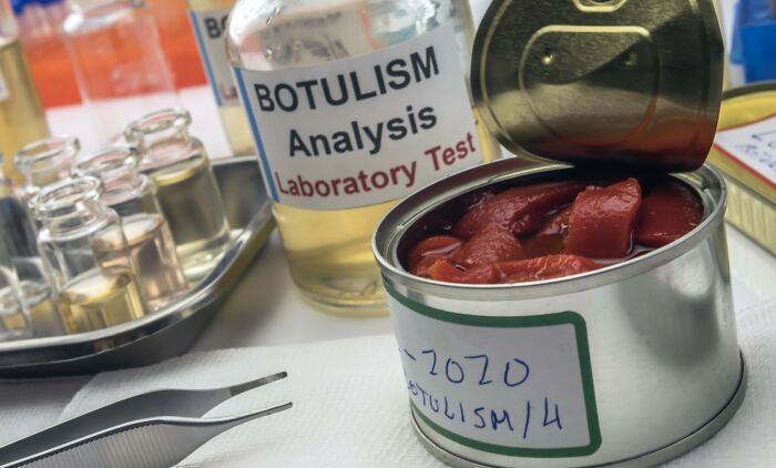 Close-up of laboratory test equipment and samples for botulism analysis on a clinical autopsy tech workbench. - 11