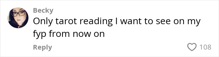 Comment by Becky saying she only wants to see tarot reading on her fyp, mentioning mystical talents of black rescue cat. Comment by Becky saying she only wants to see tarot reading on her fyp, mentioning mystical talents of black rescue cat.