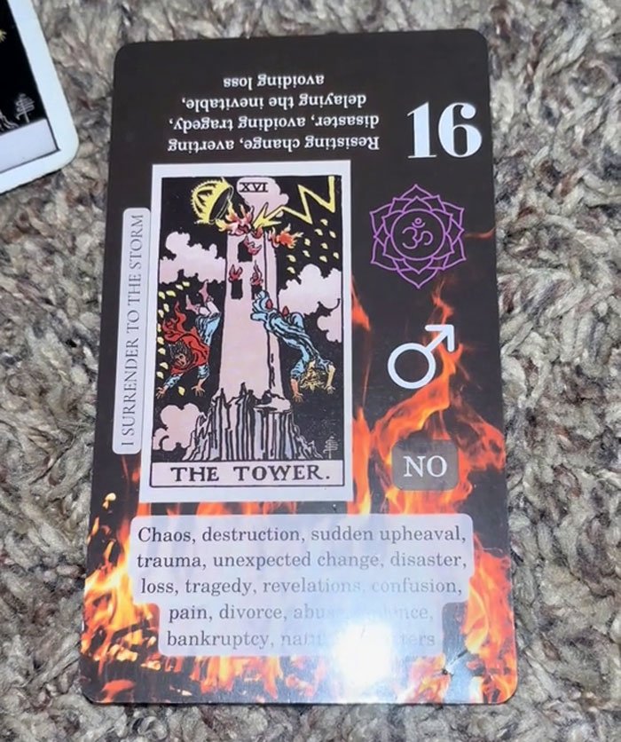 Tarot card The Tower showing chaos and sudden upheaval, related to mystical talents and rescue cat mysticism. Tarot card The Tower showing chaos and sudden upheaval, related to mystical talents and rescue cat mysticism.