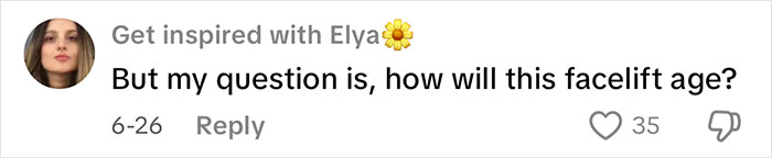 Comment asking how the facelift will age, posted by user Get inspired with Elya with a sunflower emoji. Comment asking how the facelift will age, posted by user Get inspired with Elya with a sunflower emoji.