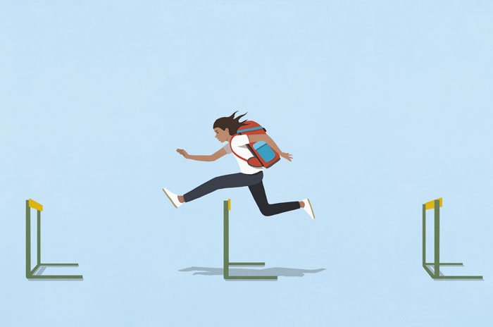 Person with backpack jumping over hurdles in an open space symbolizing inspiration and motivation with short quotes.