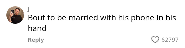 Comment on social media showing a person saying they are about to be married while holding a phone in hand.