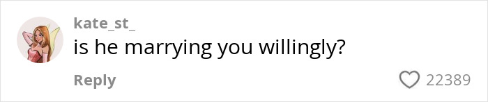 Comment on social media asking if the groom is marrying willingly, related to forced marriage or kidnapping keywords.