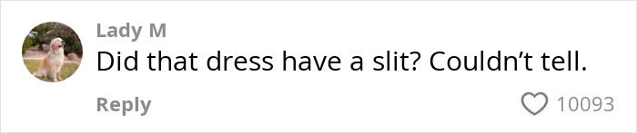 Comment on social media post expressing curiosity about a wedding dress slit with over 10,000 likes and a heart icon.