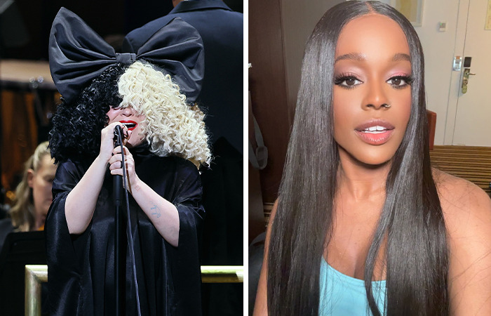 Split image showing a celeb with a large black and white bow singing on stage and another celeb with long straight hair posing indoors for a photo.