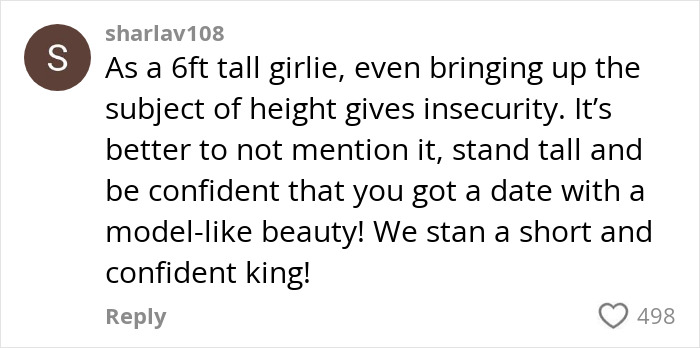 Comment praising confidence of a short king in dating, discussing height preferences and insecurities in relationships.