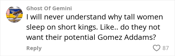 Comment from user discussing dating preferences and the rejection of a short king, sparking debate on height in dating.