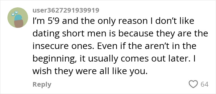 Comment from a user discussing dating preferences and insecurities related to short kings in an online debate.