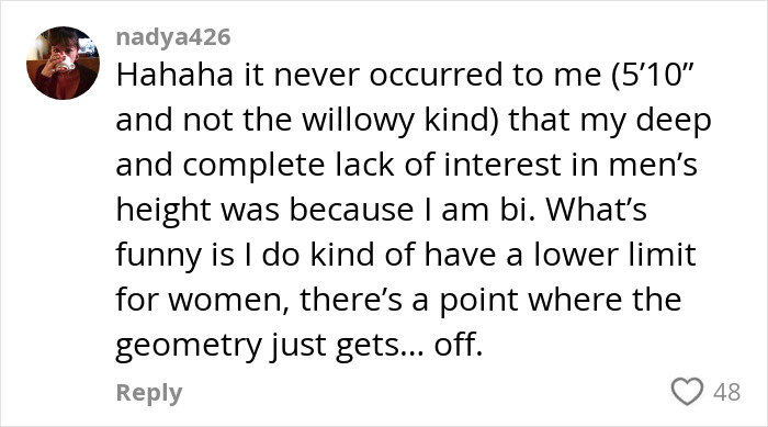 Comment discussing height preferences in dating, touching on bisexuality and limits related to geometry and attraction.