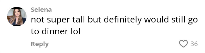 Comment from user Selena on social media discussing dating preferences and height with mention of short king rejection debate.