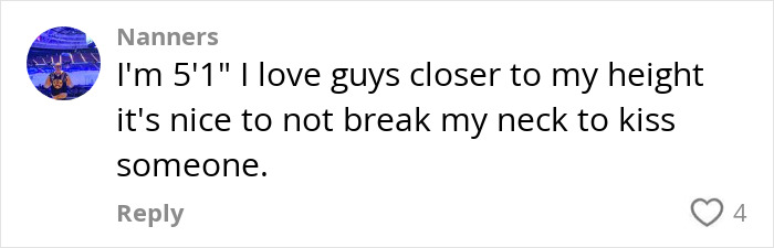 Comment from a social media user about dating height preferences, mentioning being 5'1" and liking guys closer to her height.
