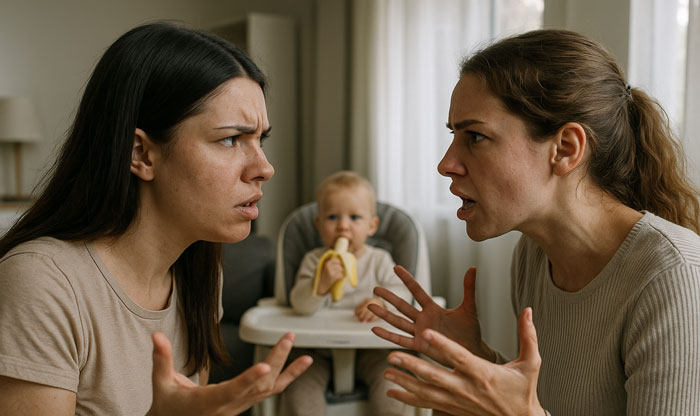 Two women arguing intensely while a baby eats a banana in the background, depicting family and caregiving conflict.