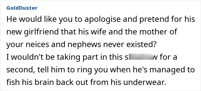 Screenshot of a forum comment discussing a brother swapping his wife and kids for a new flame and reacting to ex photos.