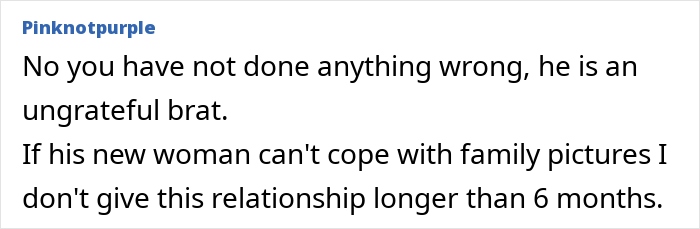 Comment discussing brother swapping wife and kids for a new flame and issues with family pictures at sister&rsquo;s BBQ.