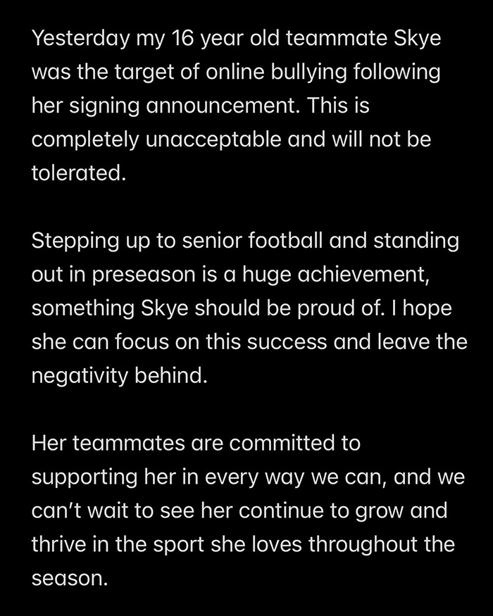 Message condemning online bullying of a soccer team signing, emphasizing support for the new player and her achievements.