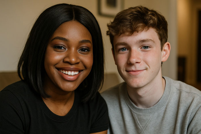Teen boy and his Black girlfriend smiling together indoors, highlighting young interracial couple and comfort in clothing choices.