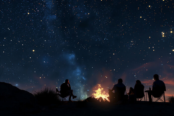 Group of people sitting around a campfire under a vast starry sky, illustrating how space is a lot scarier than we think.