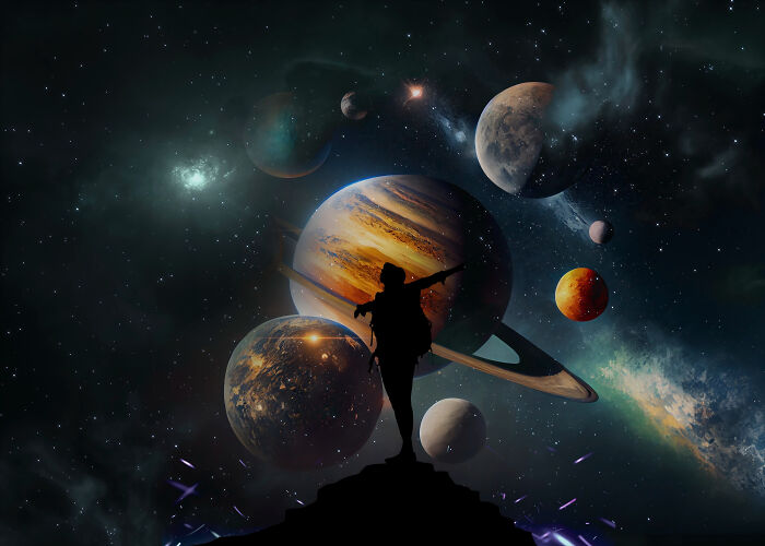 Silhouette of person exploring vast outer space with planets and stars, highlighting how space is scarier than we think.