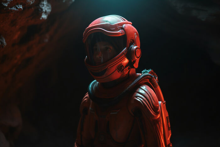 Astronaut in red space suit inside dark cave, illustrating why space is a lot scarier than we think with eerie lighting.