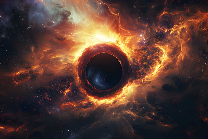A fiery black hole in deep space surrounded by swirling cosmic clouds, illustrating how space is scarier than we think.