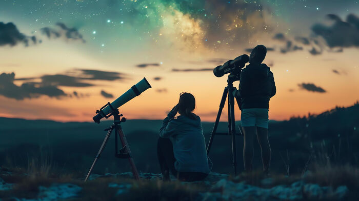Two people using telescopes to observe a starry night sky, highlighting how space is scarier than we think.