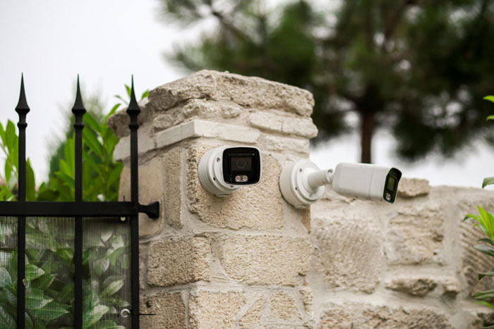 Security cameras on a garden wall monitoring a fenced area to catch neighbor stealing fruit for nanny&rsquo;s revenge plan.