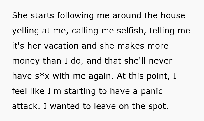 Text excerpt showing a husband feeling humiliated and stressed as his wife unleashes years of resentment during an unwanted trip.