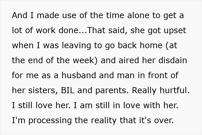 Text showing a husband reflecting on wife humiliating him by unleashing years of resentment during an unwanted trip.